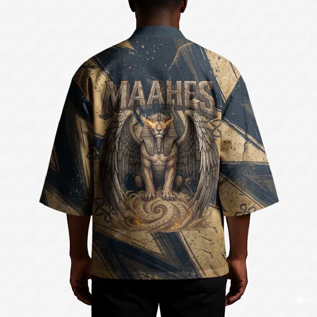 Maahes Ancient Egyptian Kimono Geometric Pattern Winged Lion Deity, and Sacred Lotus Motif - African Pride
