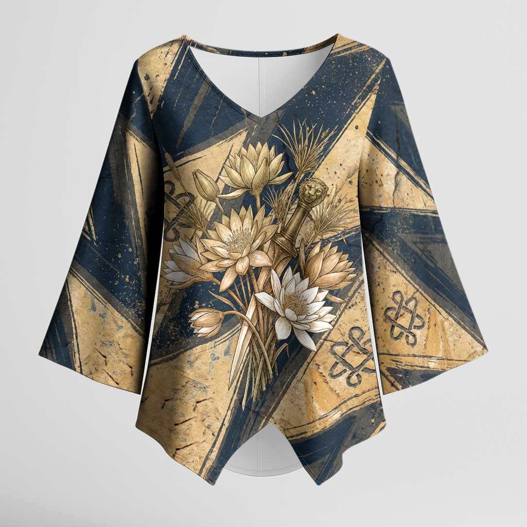 Maahes Ancient Egyptian Kimono Sleeve Blouse Geometric Pattern Winged Lion Deity, and Sacred Lotus Motif - African Pride