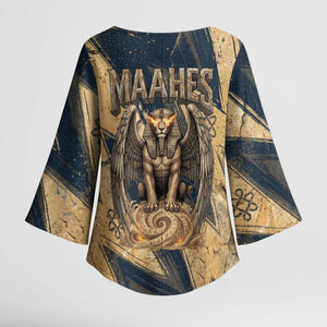 Maahes Ancient Egyptian Kimono Sleeve Blouse Geometric Pattern Winged Lion Deity, and Sacred Lotus Motif - African Pride