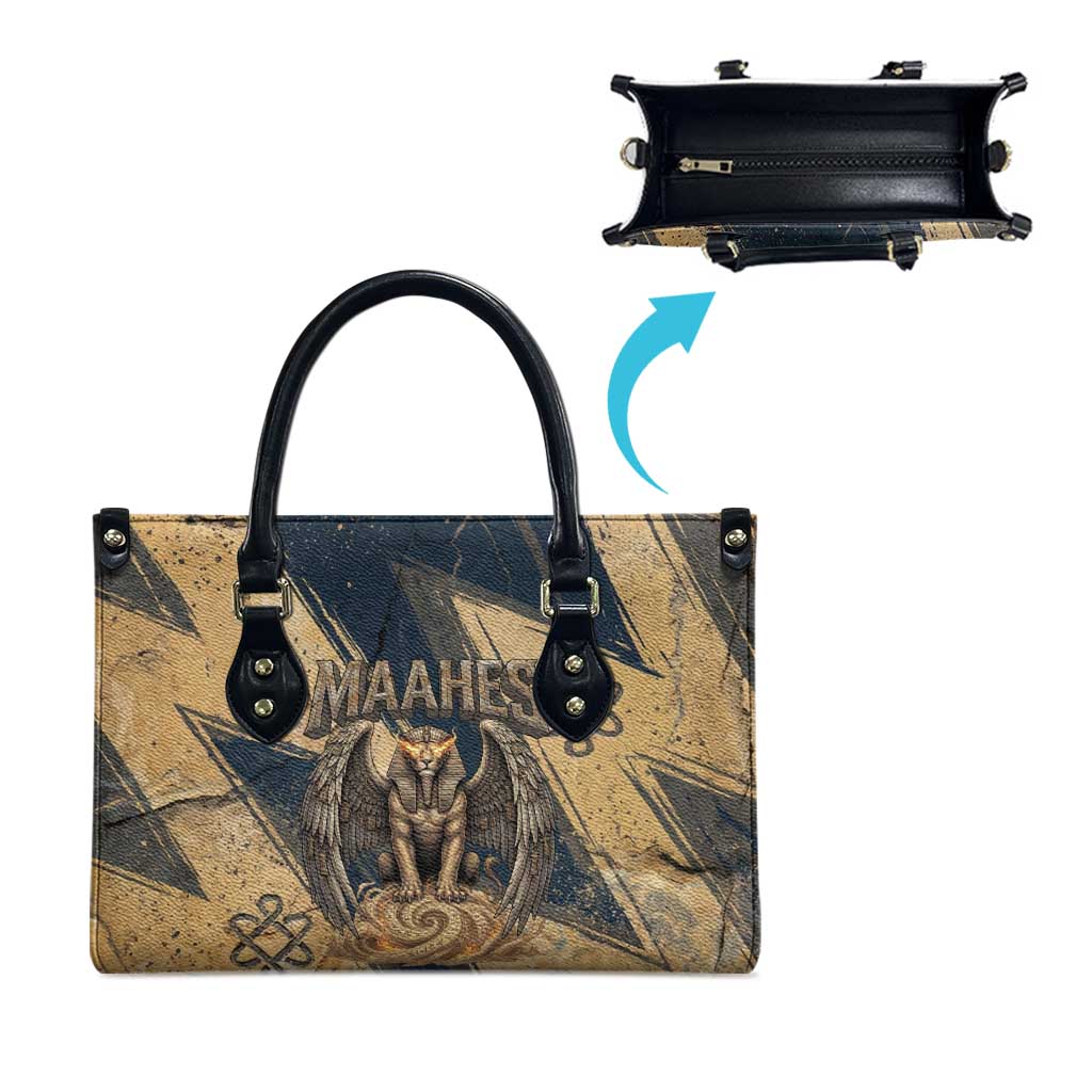 Maahes Ancient Egyptian Leather Bag Geometric Pattern Winged Lion Deity, and Sacred Lotus Motif - African Pride