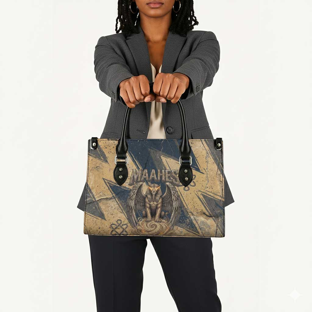 Maahes Ancient Egyptian Leather Bag Geometric Pattern Winged Lion Deity, and Sacred Lotus Motif - African Pride