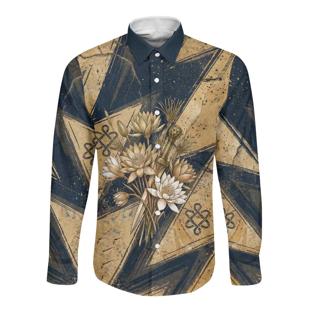 Maahes Ancient Egyptian Long Sleeve Button Shirt Geometric Pattern Winged Lion Deity, and Sacred Lotus Motif - African Pride
