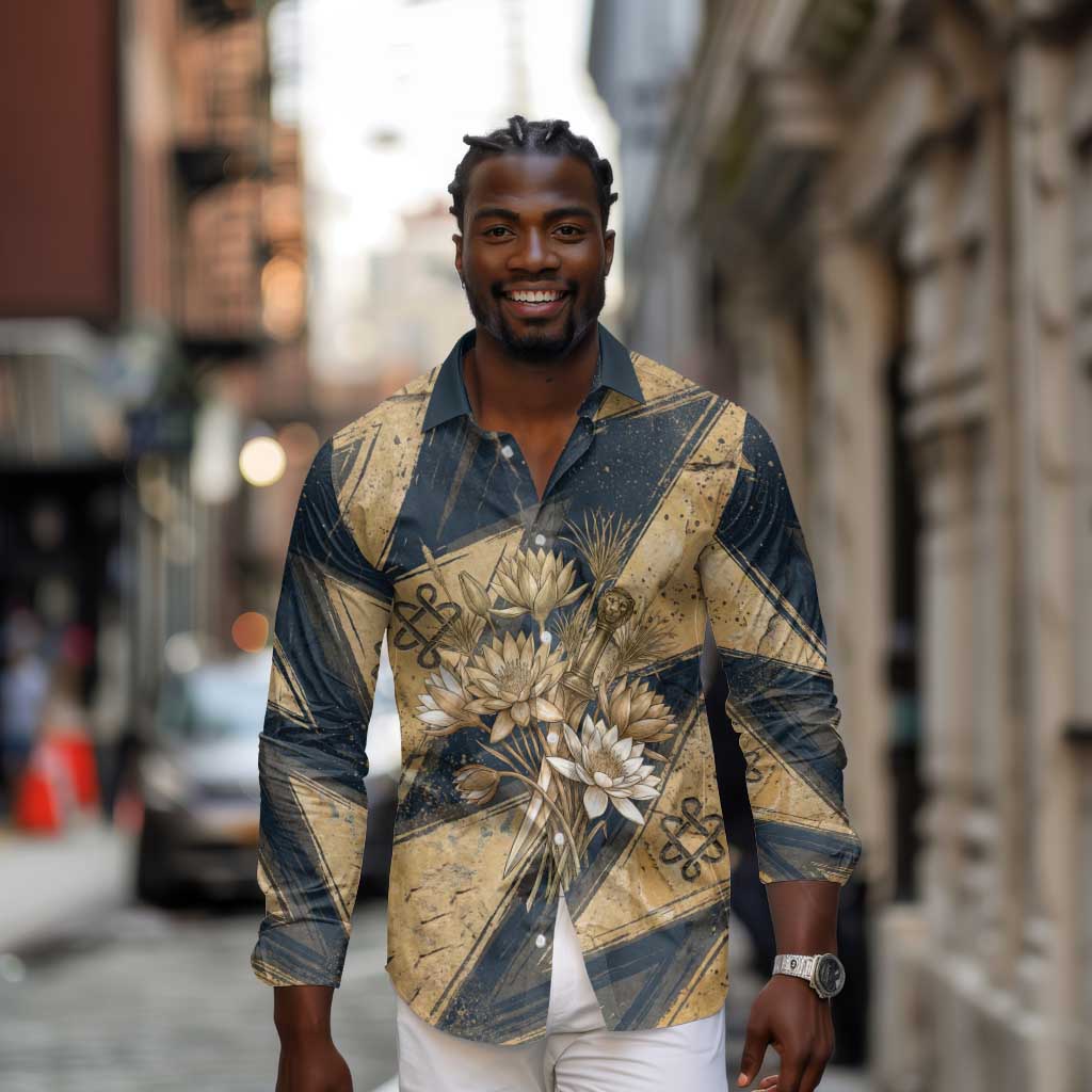 Maahes Ancient Egyptian Long Sleeve Button Shirt Geometric Pattern Winged Lion Deity, and Sacred Lotus Motif - African Pride