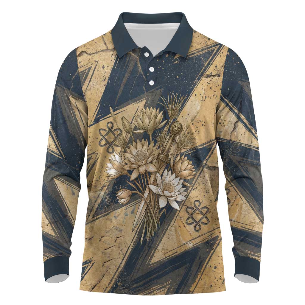 Maahes Ancient Egyptian Long Sleeve Polo Shirt Geometric Pattern Winged Lion Deity, and Sacred Lotus Motif - African Pride
