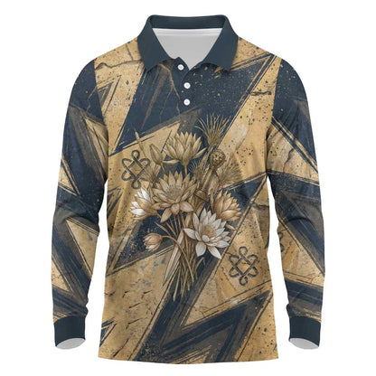 Maahes Ancient Egyptian Long Sleeve Polo Shirt Geometric Pattern Winged Lion Deity, and Sacred Lotus Motif - African Pride