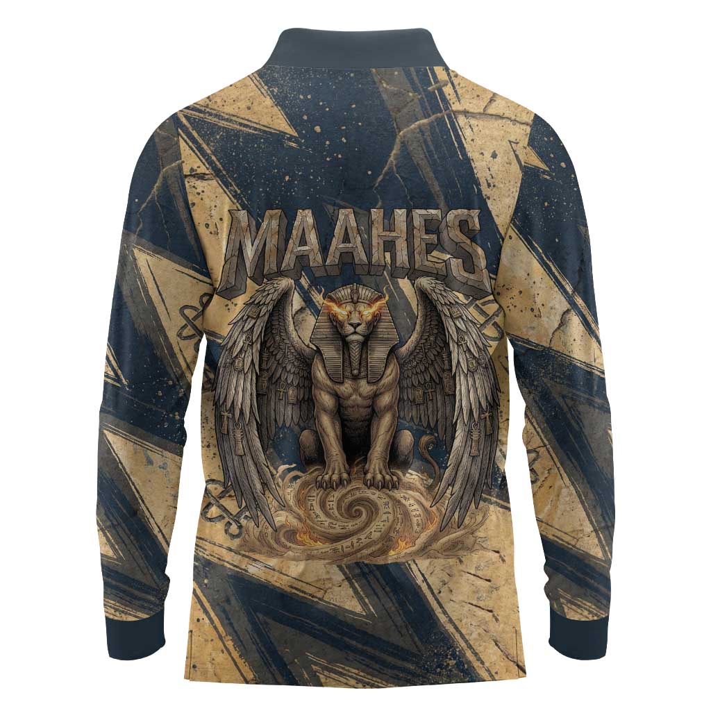 Maahes Ancient Egyptian Long Sleeve Polo Shirt Geometric Pattern Winged Lion Deity, and Sacred Lotus Motif - African Pride