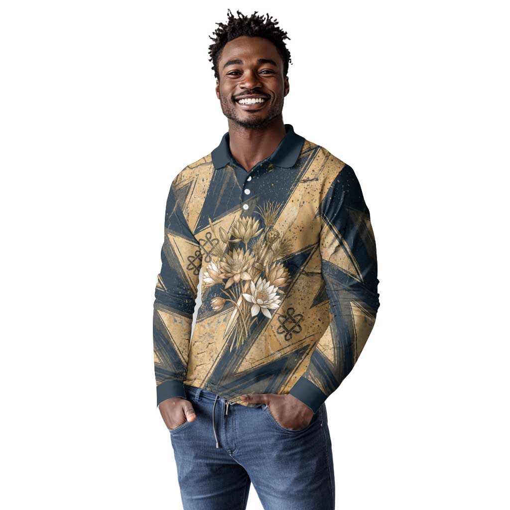 Maahes Ancient Egyptian Long Sleeve Polo Shirt Geometric Pattern Winged Lion Deity, and Sacred Lotus Motif - African Pride