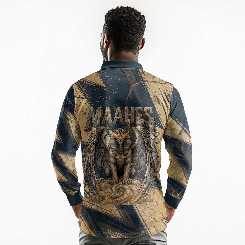 Maahes Ancient Egyptian Long Sleeve Polo Shirt Geometric Pattern Winged Lion Deity, and Sacred Lotus Motif - African Pride
