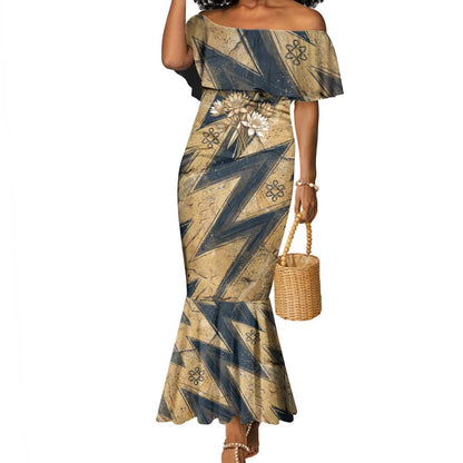 Maahes Ancient Egyptian Mermaid Dress Geometric Pattern Winged Lion Deity, and Sacred Lotus Motif - African Pride