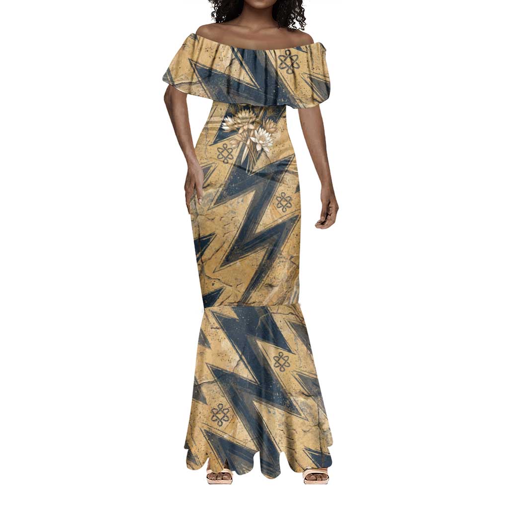 Maahes Ancient Egyptian Mermaid Dress Geometric Pattern Winged Lion Deity, and Sacred Lotus Motif - African Pride