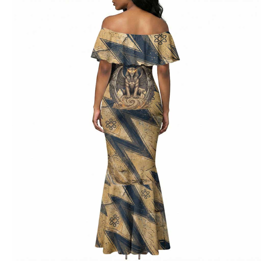 Maahes Ancient Egyptian Mermaid Dress Geometric Pattern Winged Lion Deity, and Sacred Lotus Motif - African Pride