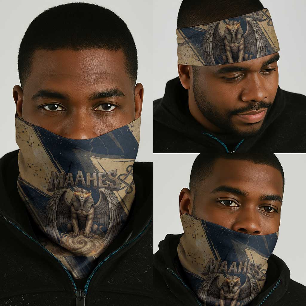 Maahes Ancient Egyptian Neck Gaiter Geometric Pattern Winged Lion Deity, and Sacred Lotus Motif - African Pride