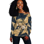 Maahes Ancient Egyptian Off Shoulder Sweater Geometric Pattern Winged Lion Deity, and Sacred Lotus Motif - African Pride