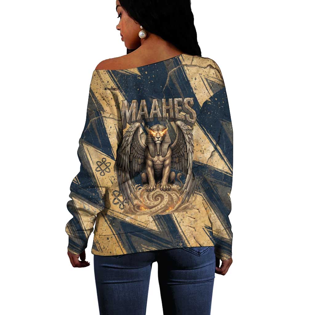 Maahes Ancient Egyptian Off Shoulder Sweater Geometric Pattern Winged Lion Deity, and Sacred Lotus Motif - African Pride