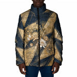 Maahes Ancient Egyptian Padded Jacket Geometric Pattern Winged Lion Deity, and Sacred Lotus Motif - African Pride