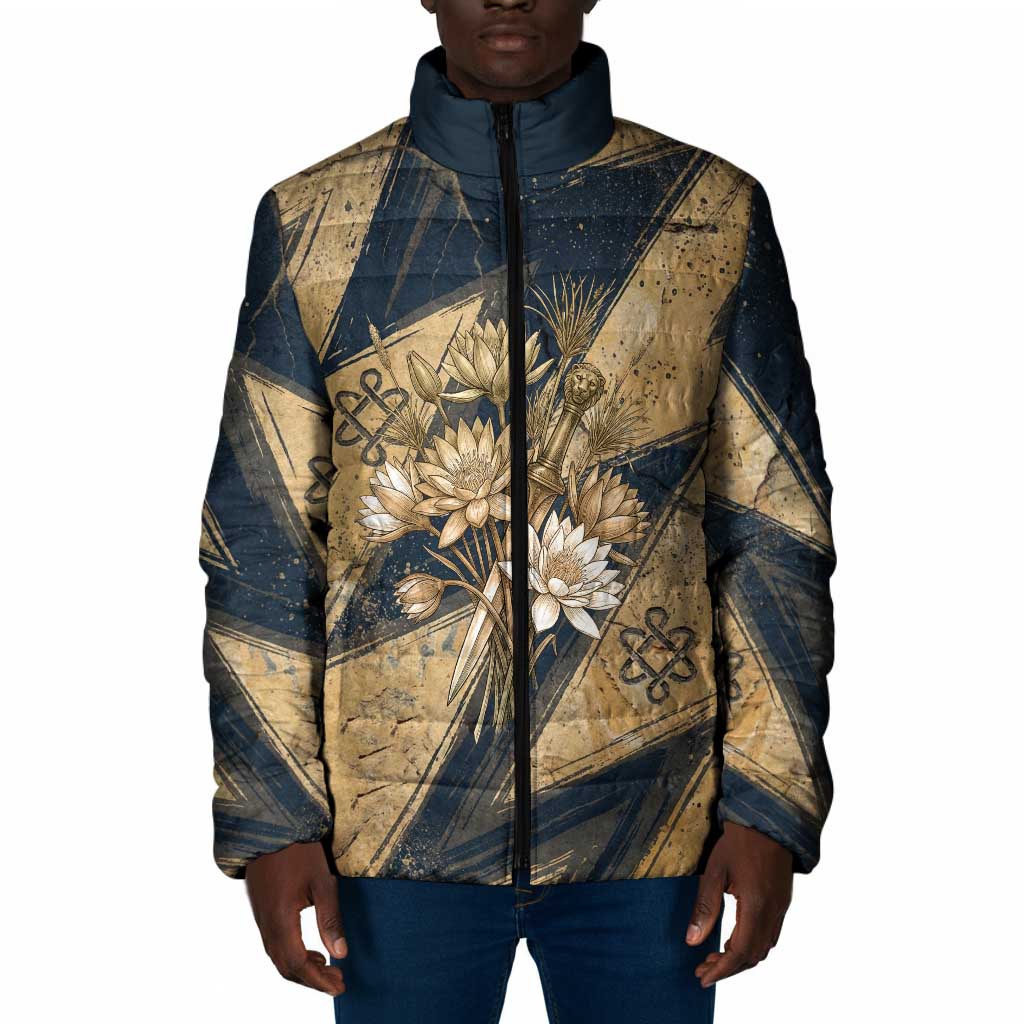 Maahes Ancient Egyptian Padded Jacket Geometric Pattern Winged Lion Deity, and Sacred Lotus Motif - African Pride