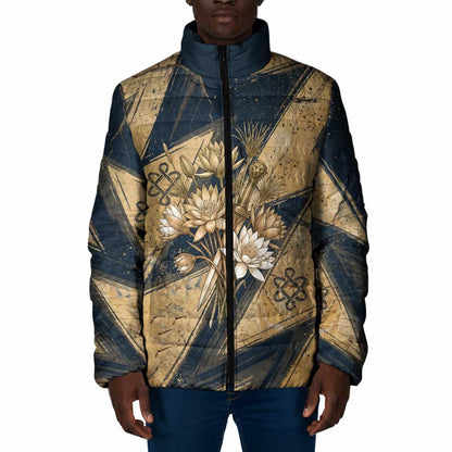 Maahes Ancient Egyptian Padded Jacket Geometric Pattern Winged Lion Deity, and Sacred Lotus Motif - African Pride