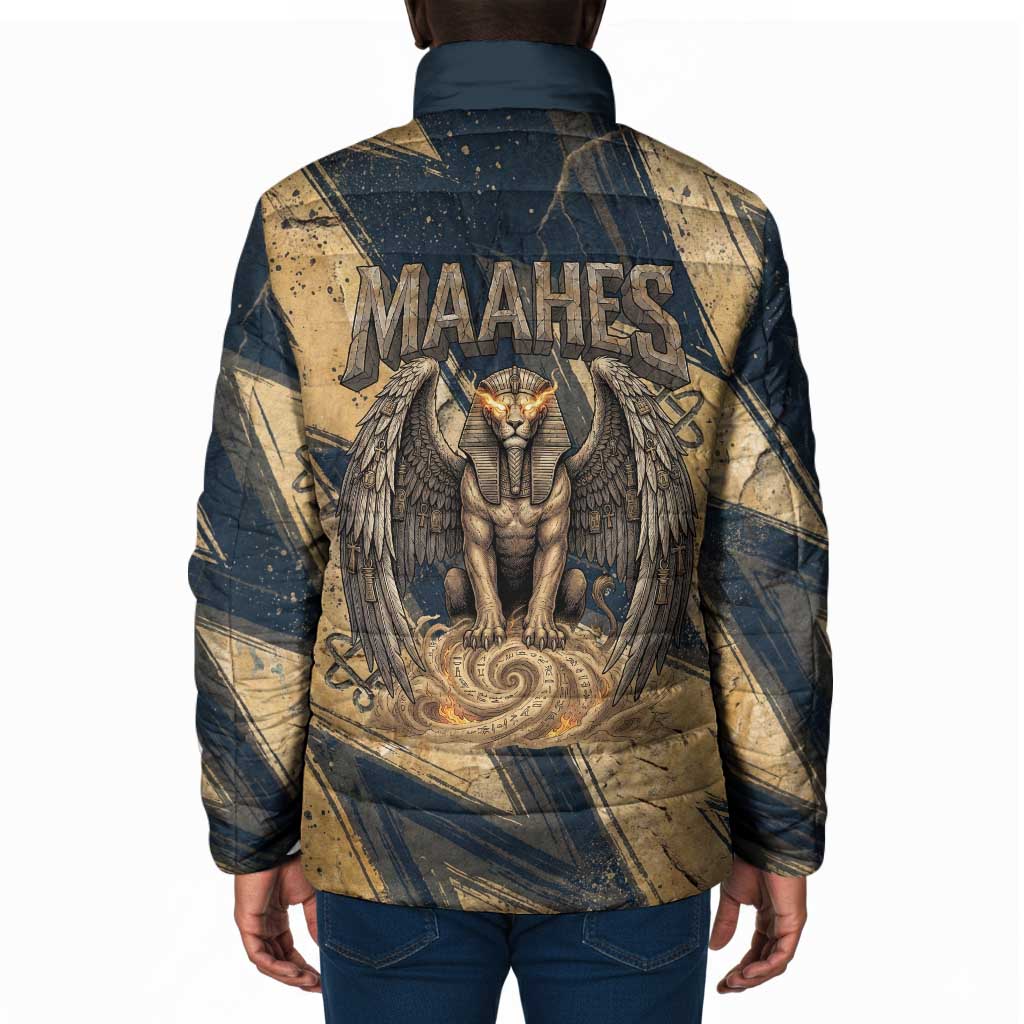 Maahes Ancient Egyptian Padded Jacket Geometric Pattern Winged Lion Deity, and Sacred Lotus Motif - African Pride