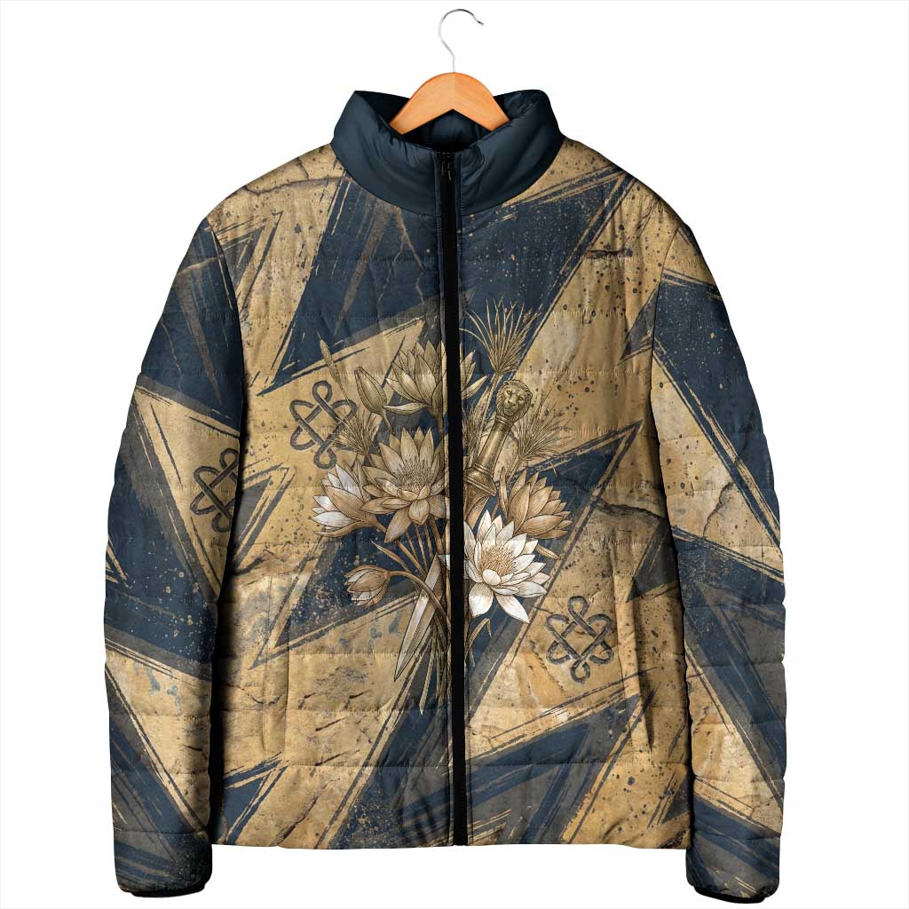 Maahes Ancient Egyptian Padded Jacket Geometric Pattern Winged Lion Deity, and Sacred Lotus Motif - African Pride