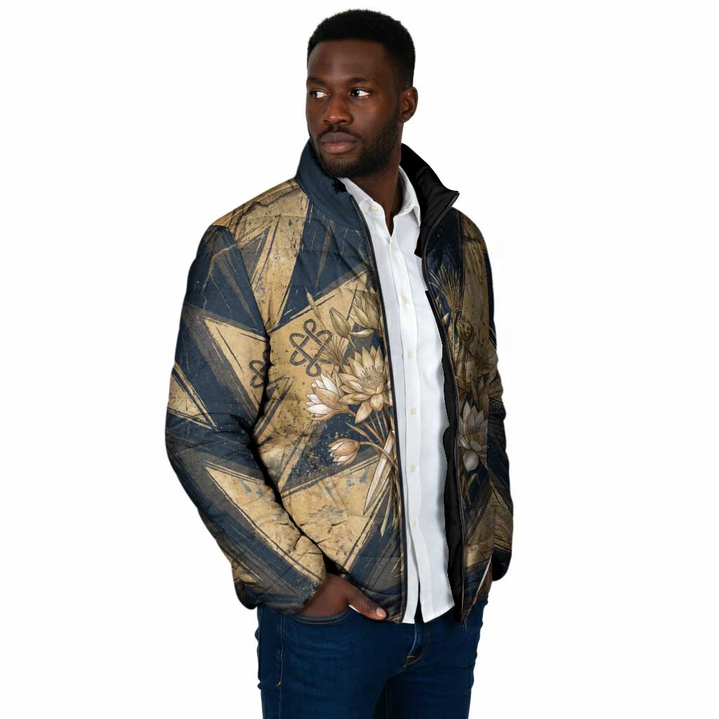 Maahes Ancient Egyptian Padded Jacket Geometric Pattern Winged Lion Deity, and Sacred Lotus Motif - African Pride
