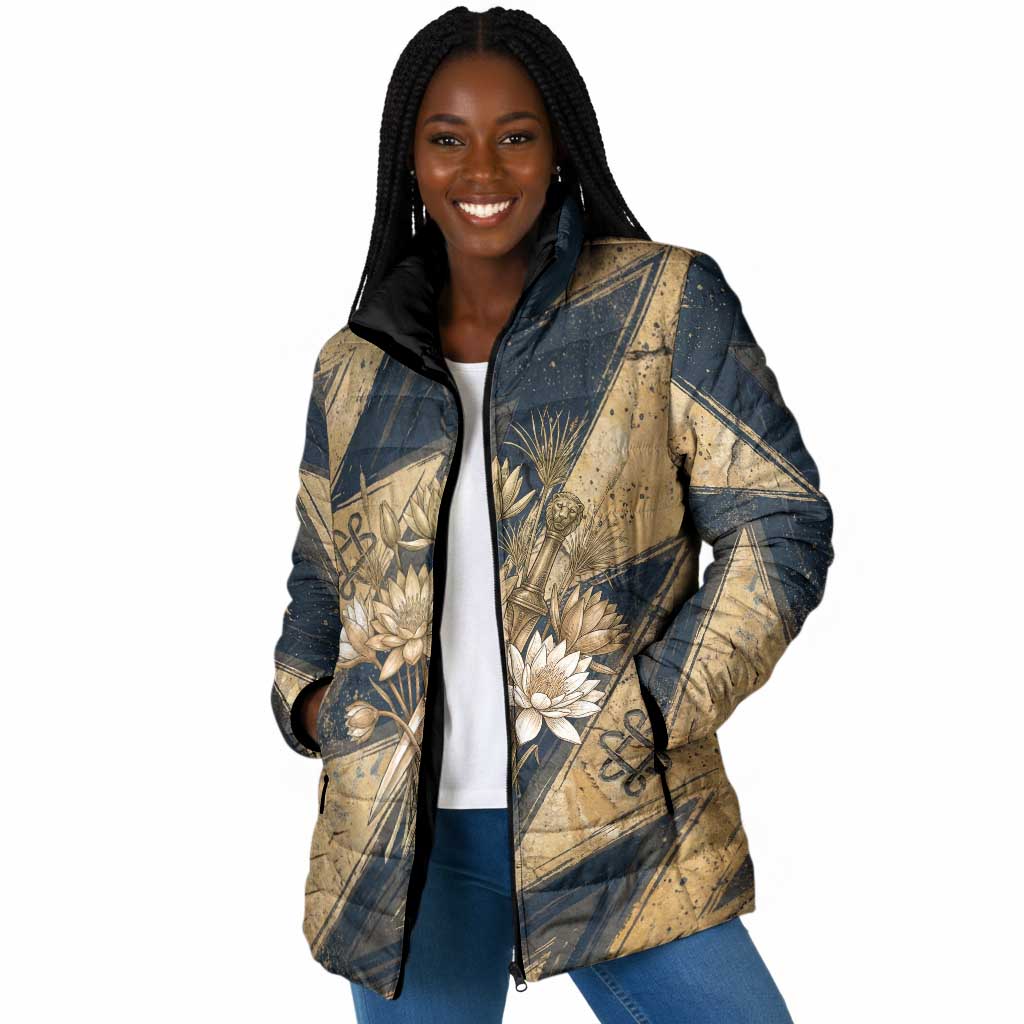 Maahes Ancient Egyptian Padded Jacket Geometric Pattern Winged Lion Deity, and Sacred Lotus Motif - African Pride
