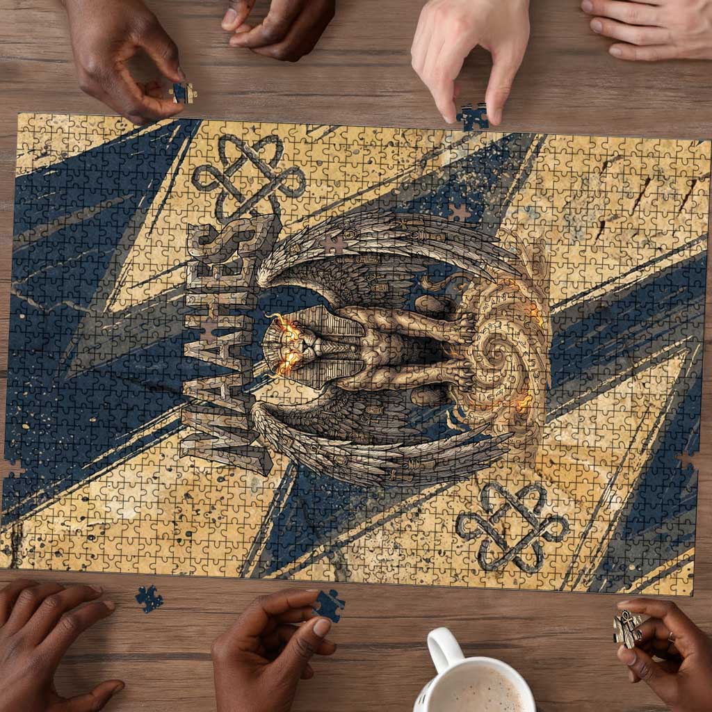 Maahes Ancient Egyptian Puzzle Geometric Pattern Winged Lion Deity, and Sacred Lotus Motif - African Pride