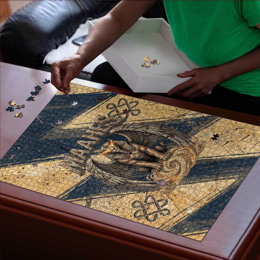 Maahes Ancient Egyptian Puzzle Geometric Pattern Winged Lion Deity, and Sacred Lotus Motif - African Pride