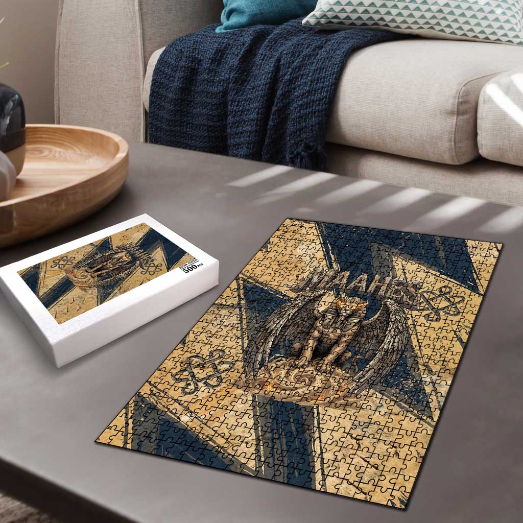 Maahes Ancient Egyptian Puzzle Geometric Pattern Winged Lion Deity, and Sacred Lotus Motif - African Pride