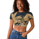 Maahes Ancient Egyptian Raglan Cropped T shirt Geometric Pattern Winged Lion Deity, and Sacred Lotus Motif - African Pride