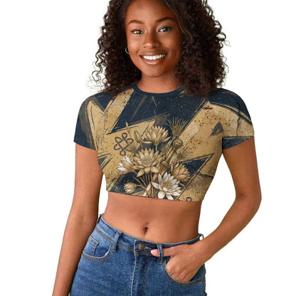 Maahes Ancient Egyptian Raglan Cropped T shirt Geometric Pattern Winged Lion Deity, and Sacred Lotus Motif - African Pride