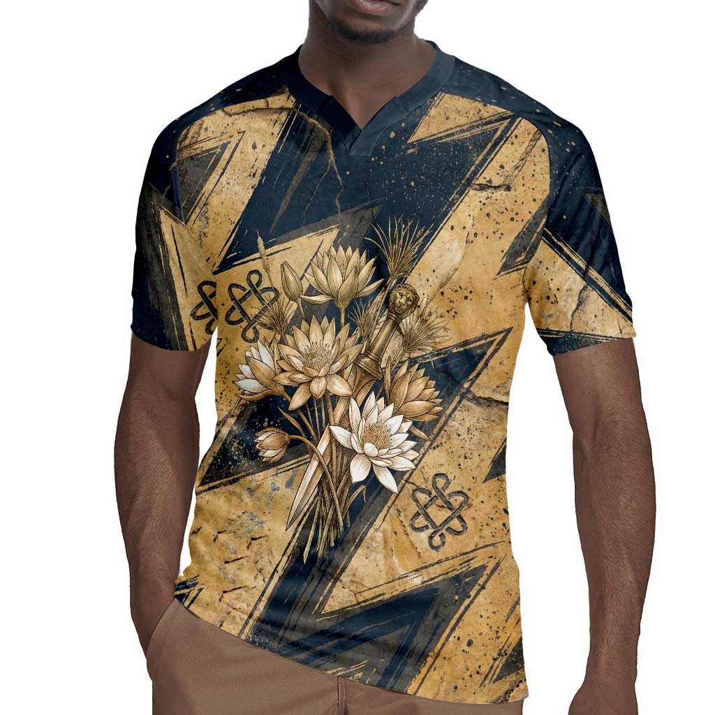 Maahes Ancient Egyptian Rugby Jersey Geometric Pattern Winged Lion Deity, and Sacred Lotus Motif - African Pride