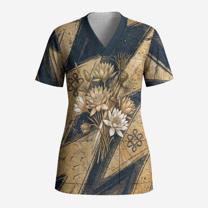 Maahes Ancient Egyptian Scrub Top Geometric Pattern Winged Lion Deity, and Sacred Lotus Motif - African Pride