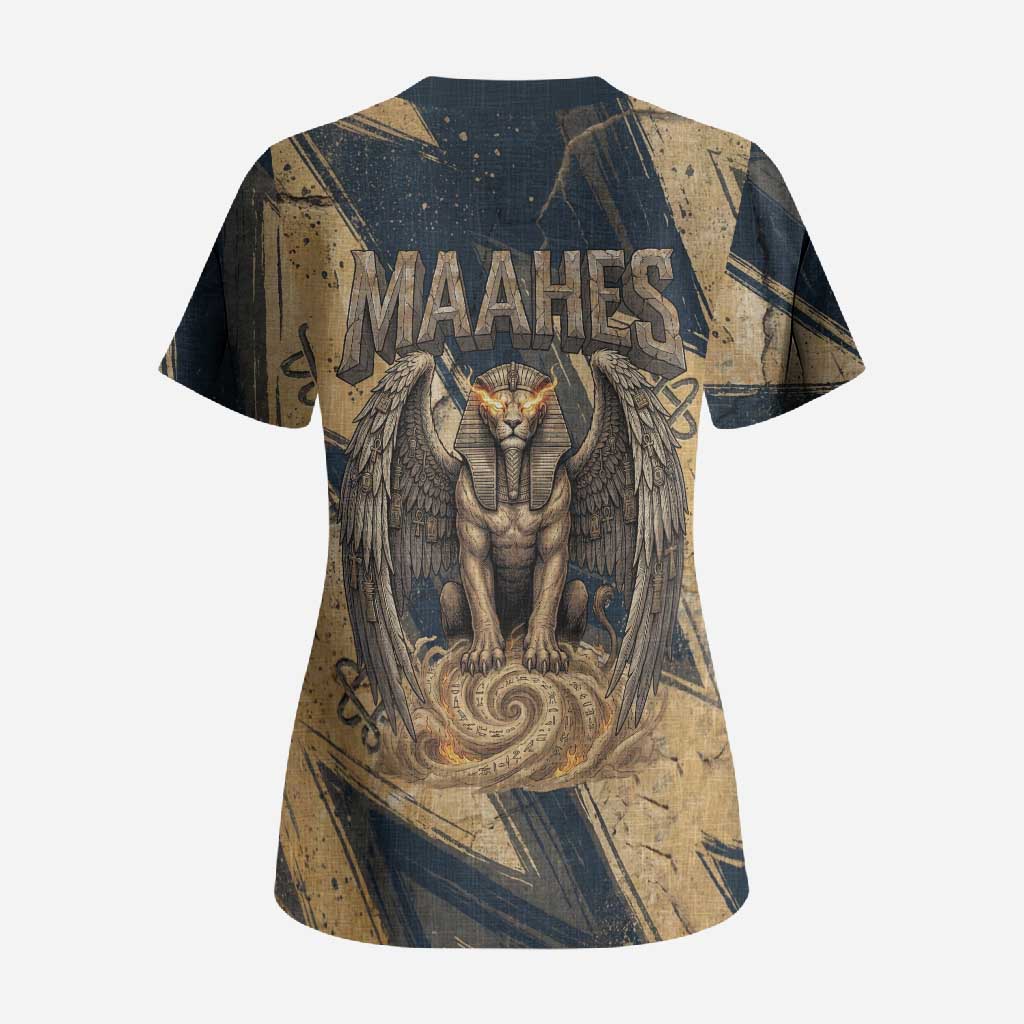 Maahes Ancient Egyptian Scrub Top Geometric Pattern Winged Lion Deity, and Sacred Lotus Motif - African Pride