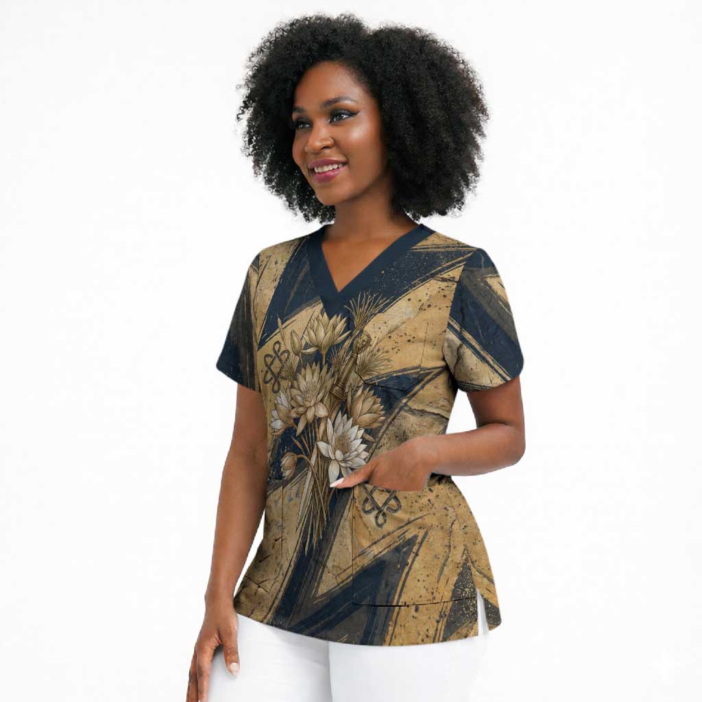Maahes Ancient Egyptian Scrub Top Geometric Pattern Winged Lion Deity, and Sacred Lotus Motif - African Pride