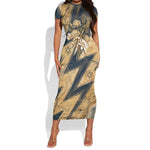 Maahes Ancient Egyptian Short Sleeve Bodycon Dress Geometric Pattern Winged Lion Deity, and Sacred Lotus Motif - African Pride