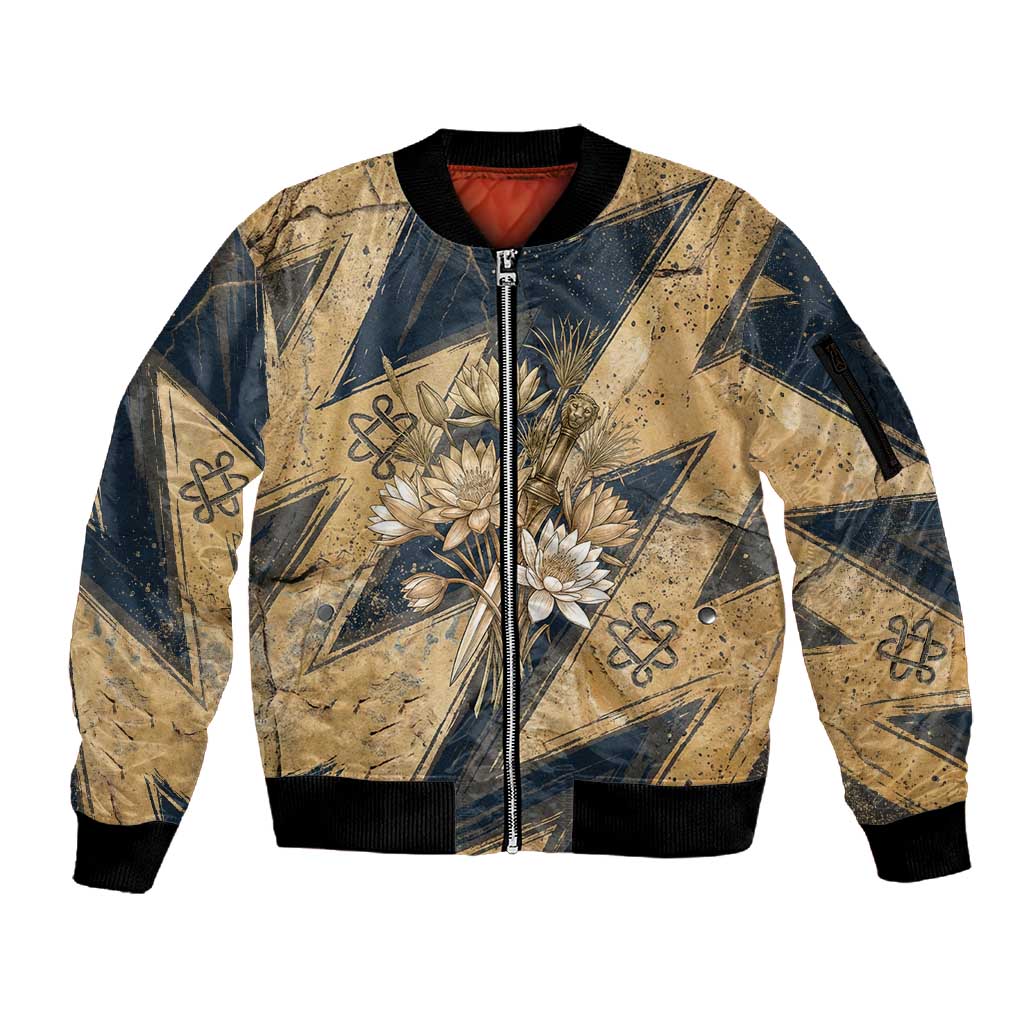 Maahes Ancient Egyptian Sleeve Zip Bomber Jacket Geometric Pattern Winged Lion Deity, and Sacred Lotus Motif - African Pride