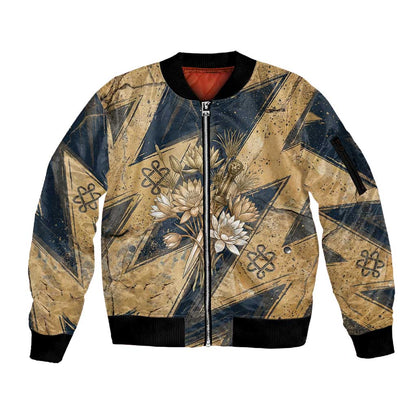 Maahes Ancient Egyptian Sleeve Zip Bomber Jacket Geometric Pattern Winged Lion Deity, and Sacred Lotus Motif - African Pride