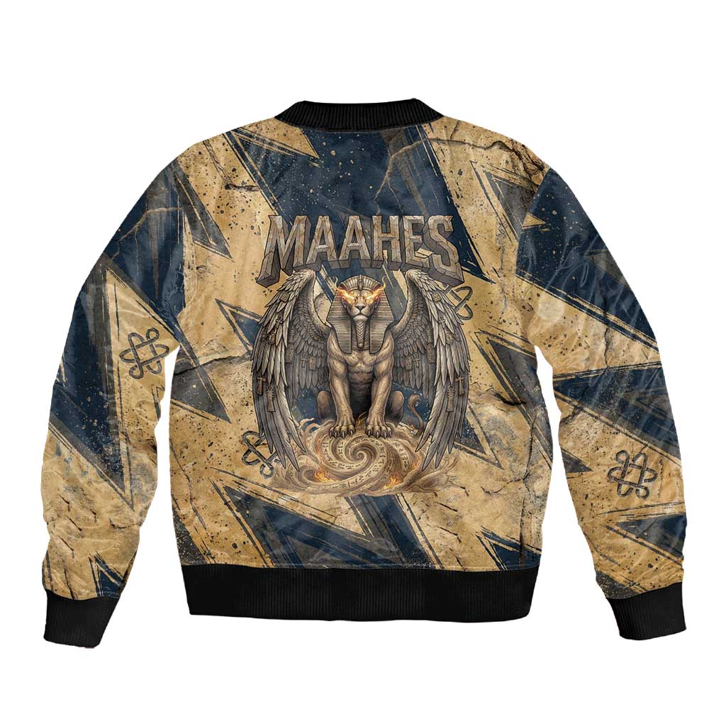 Maahes Ancient Egyptian Sleeve Zip Bomber Jacket Geometric Pattern Winged Lion Deity, and Sacred Lotus Motif - African Pride