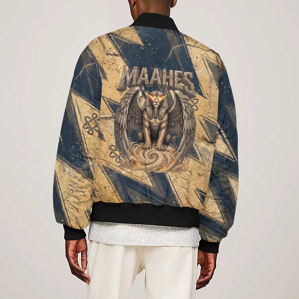Maahes Ancient Egyptian Sleeve Zip Bomber Jacket Geometric Pattern Winged Lion Deity, and Sacred Lotus Motif - African Pride