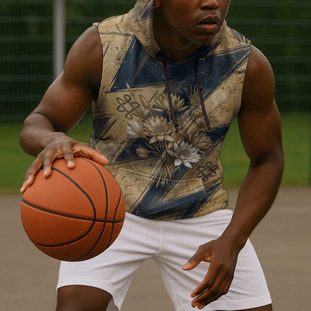 Maahes Ancient Egyptian Sleeveless Hoodie Geometric Pattern Winged Lion Deity, and Sacred Lotus Motif - African Pride