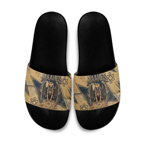 Maahes Ancient Egyptian Slide Sandals Geometric Pattern Winged Lion Deity, and Sacred Lotus Motif - African Pride