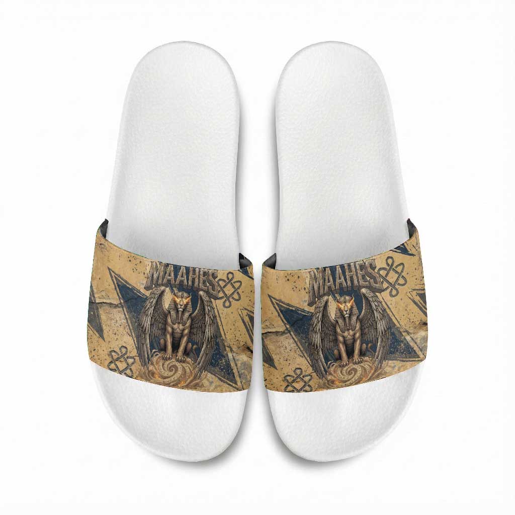 Maahes Ancient Egyptian Slide Sandals Geometric Pattern Winged Lion Deity, and Sacred Lotus Motif - African Pride