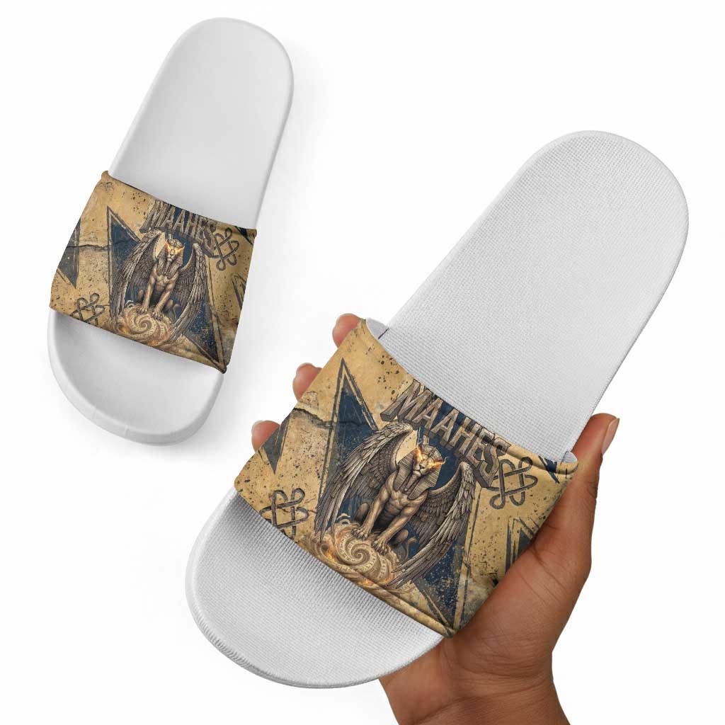 Maahes Ancient Egyptian Slide Sandals Geometric Pattern Winged Lion Deity, and Sacred Lotus Motif - African Pride