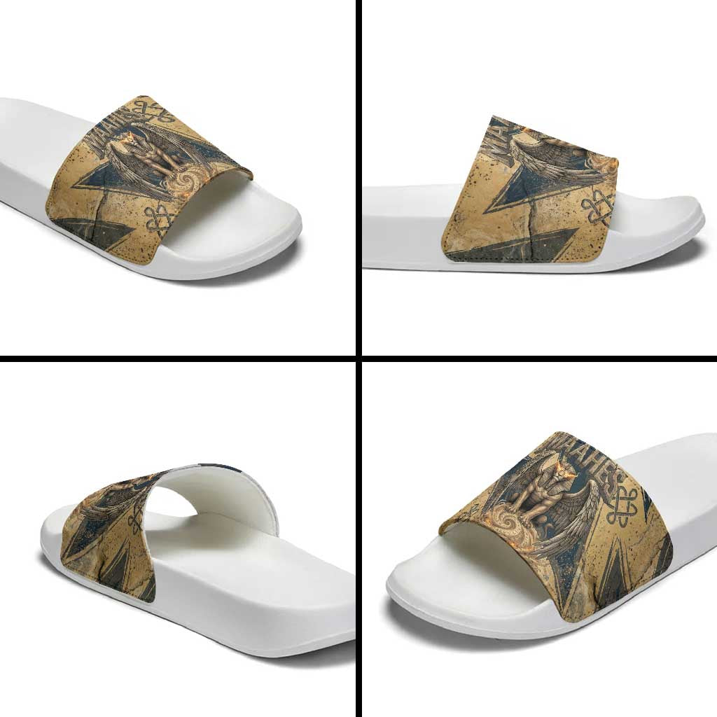 Maahes Ancient Egyptian Slide Sandals Geometric Pattern Winged Lion Deity, and Sacred Lotus Motif - African Pride