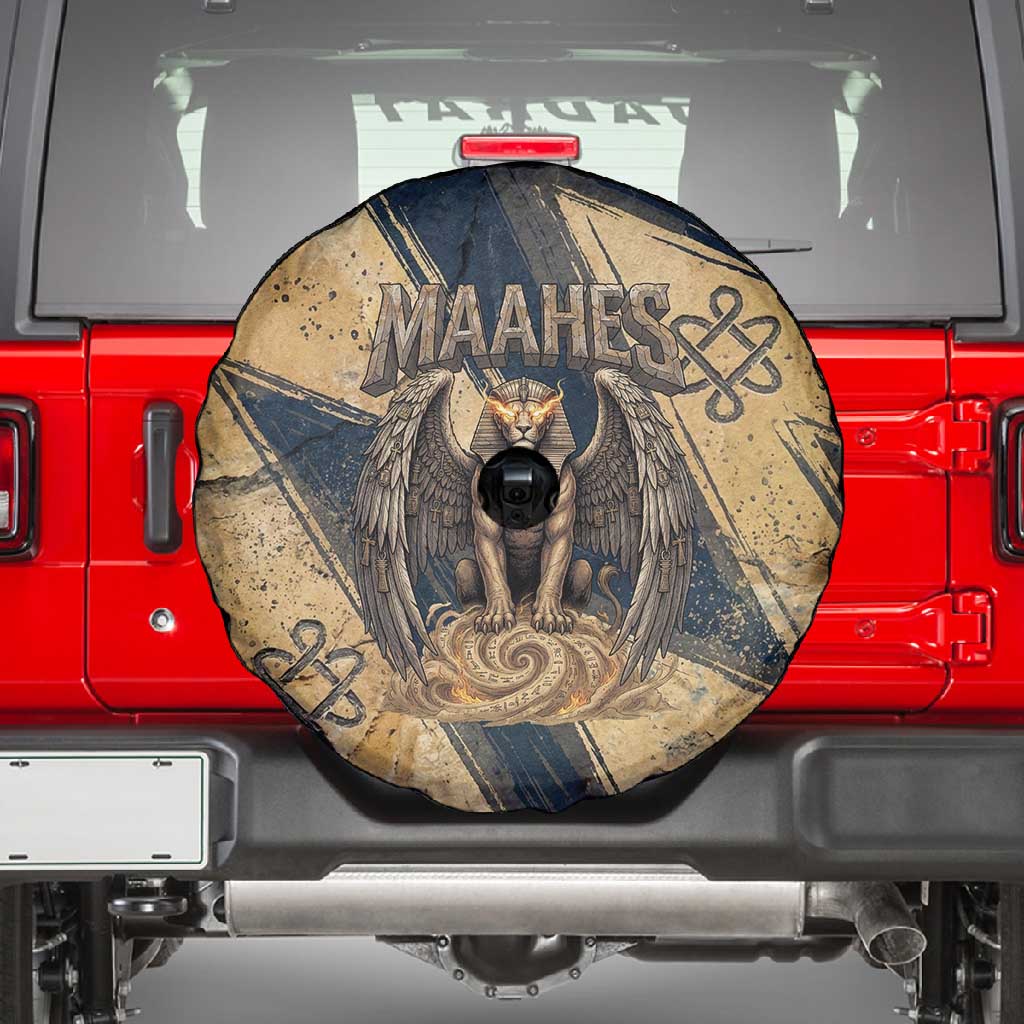 Maahes Ancient Egyptian Spare Tire Cover Geometric Pattern Winged Lion Deity, and Sacred Lotus Motif - African Pride