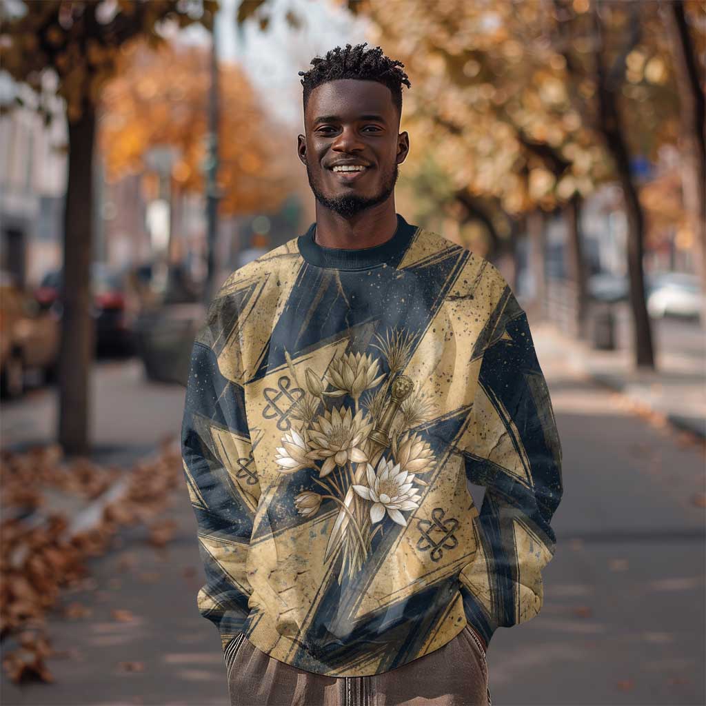 Maahes Ancient Egyptian Sweatshirt Geometric Pattern Winged Lion Deity, and Sacred Lotus Motif - African Pride