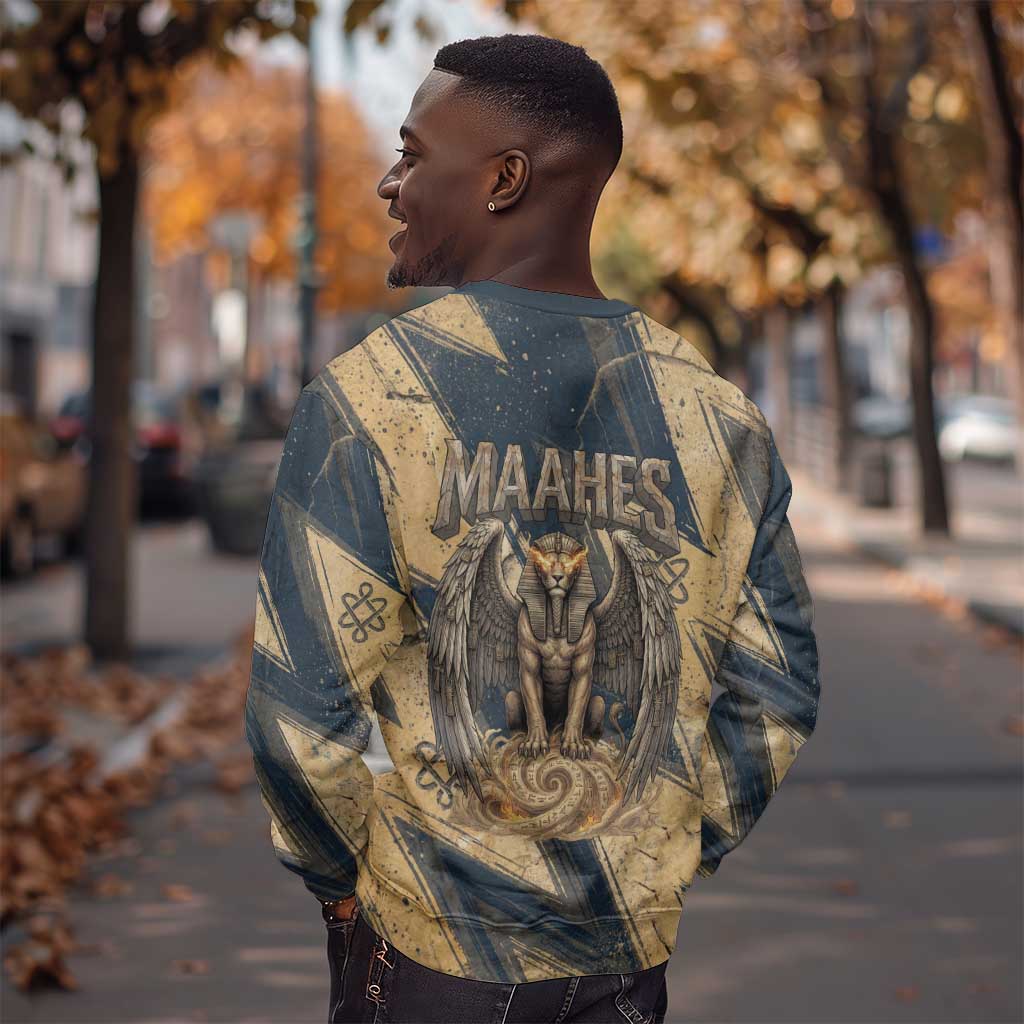 Maahes Ancient Egyptian Sweatshirt Geometric Pattern Winged Lion Deity, and Sacred Lotus Motif - African Pride
