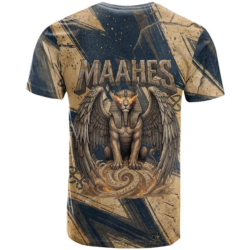 Maahes Ancient Egyptian T shirt Geometric Pattern Winged Lion Deity, and Sacred Lotus Motif - African Pride
