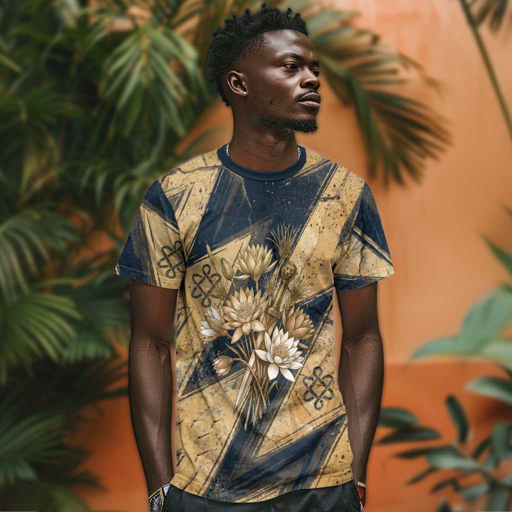 Maahes Ancient Egyptian T shirt Geometric Pattern Winged Lion Deity, and Sacred Lotus Motif - African Pride