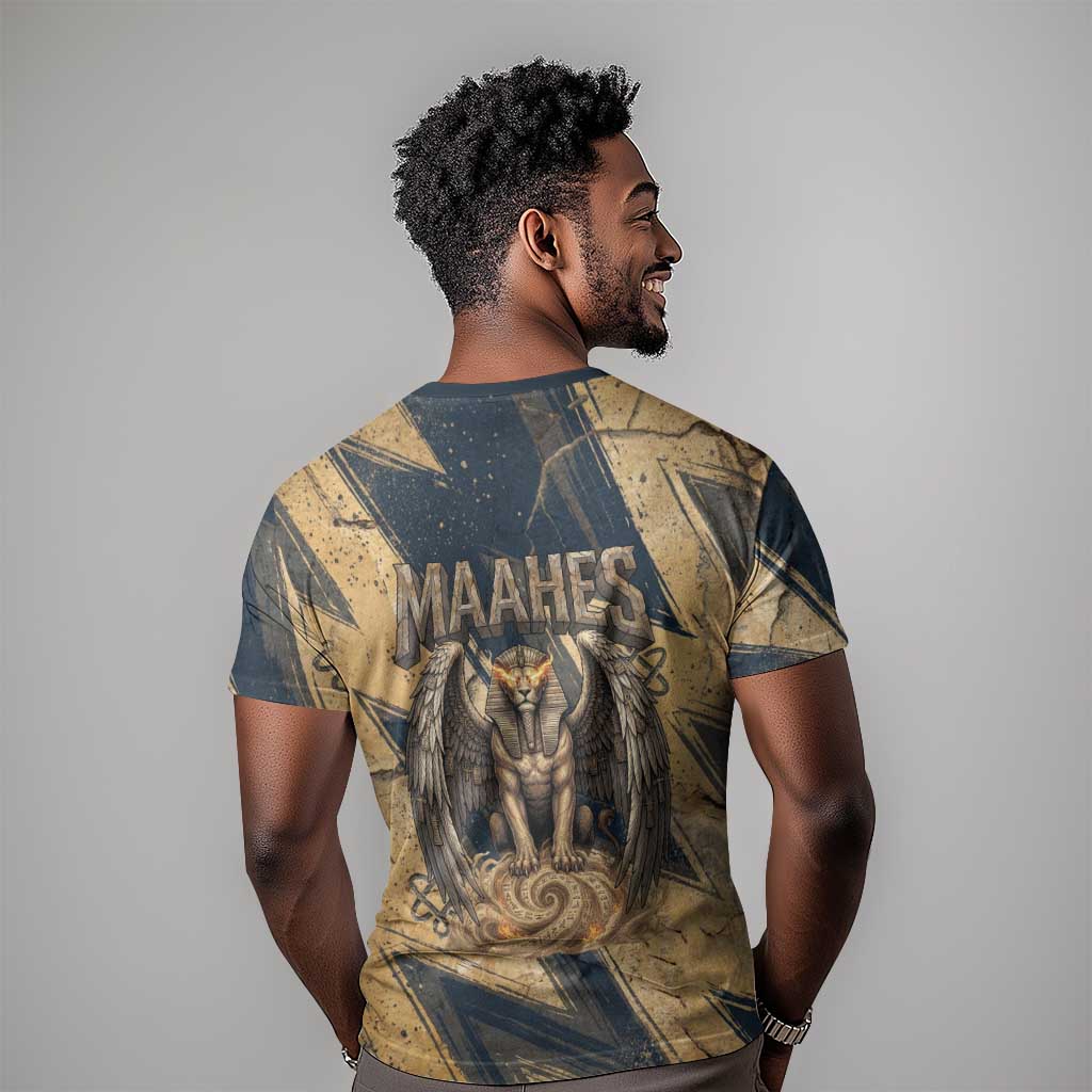 Maahes Ancient Egyptian T shirt Geometric Pattern Winged Lion Deity, and Sacred Lotus Motif - African Pride